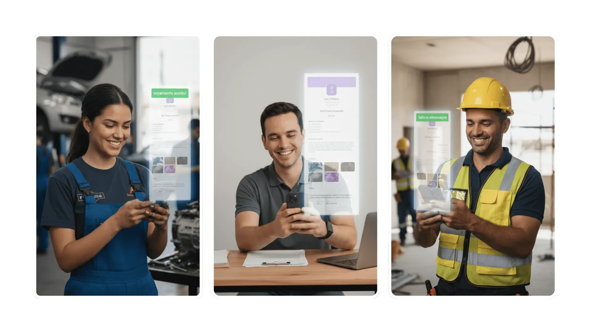 Profissionais usando o app Fazer Orçamento para criar orçamentos e gerenciar clientes